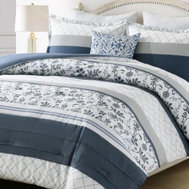 Finlonte Navy Comforter Set Queen Size - Cotton Boho Blue Striped Pleated Bedding Set, Floral Pattern Soft Duvet Insert, Skin Friendly Reversible Comforters with 2 Pillowshams, Navy Blue/White