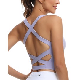 romansong Strappy Yoga Sports Bra for Women, Padded, Crisscross Back Tank Tops, Pastel lilac
