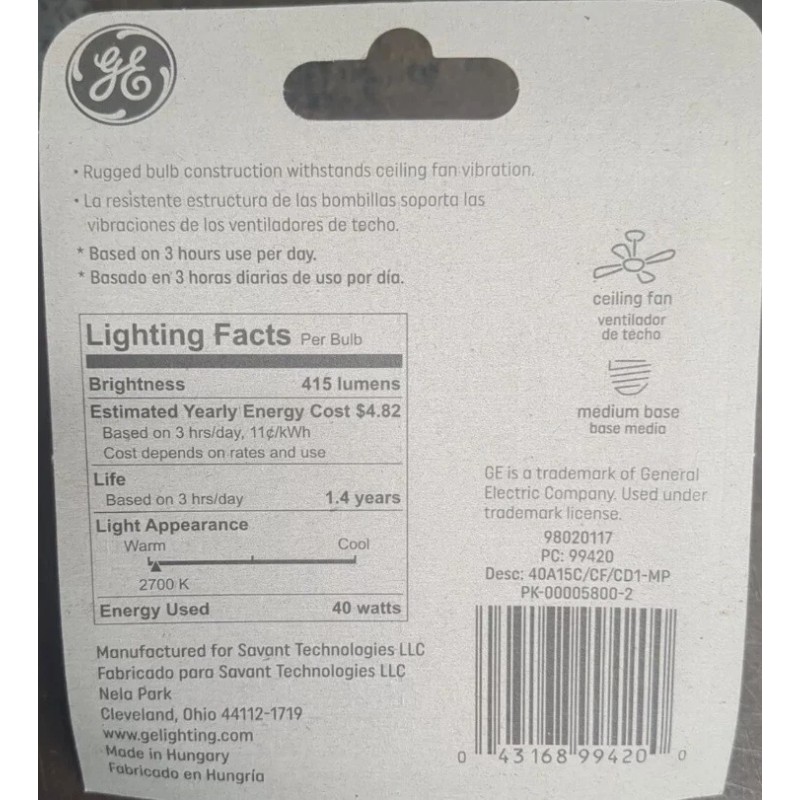 GE 40 Watt 415 Lumens Crystal Clear Ceiling Fan Incan