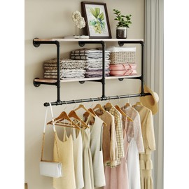 MAIKAILUN Industrial Pipe Clothes Rack with Wood Shelf, 52" Long Wall Mounted Clothing Rack with Hanging Rod for Laundry Room, Heavy Duty Pipe Shelves, Closet Storage, Retail Boutique Display