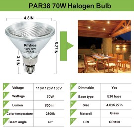 Rnyloas PAR38 Flood Light 70W 120V（80W Equivalent,4 Pack Long Lifespan PAR38 Flood Light Dimmable, High Output 800LM PAR38 Bulb with E26 Base, 2800k Warm White Par38 Lighting Bulb