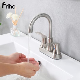 Friho 4 Inch Centerset Bathroom Faucet, Brushed Nickel Bathroom Faucets for Sink 3 Hole, Lead-Free 2 Handle Stainless Steel RV Bath Vanity Faucet with with Pop-up Drain and Supply Lines
