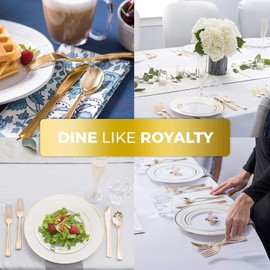 125-Piece White and Gold Fancy Plastic Plates Disposable with Silverware, Elegant Dinnerware for Weddings, Holiday Party China, Set of 25 Dinner + Salad Plates, 25 Spoons, 25 Forks, 25 Knives