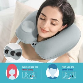 HINATAA Inflatable Travel Pillow, 2 Pieces Neck Pillow, Inflatable Neck Pillow, Aeroplane, Car U Shape Pillow, Office Neck Support Pillow with Pressing Inflation Pump/Bag/Eye Mask/Ear Plugs (Grey)