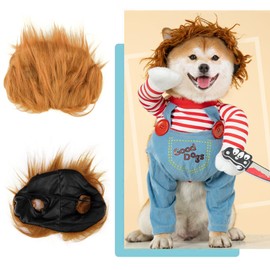 SunnyLisa-Disfraz de Halloween para Perro, Divertido Disfraz de Chucky para Perro con Peluca para Mascota, Disfraz Aterrador con Cuchillo, Ropa para Perros (Extragrande)
