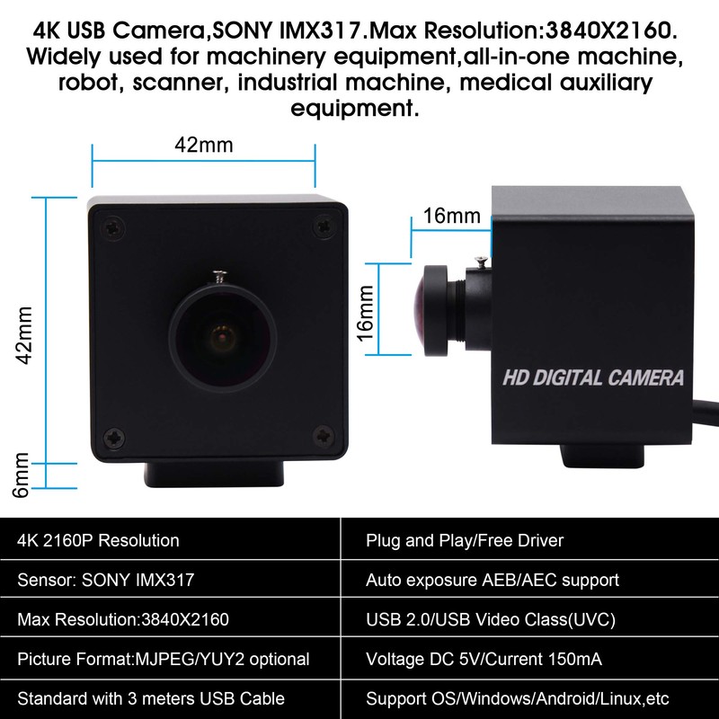 ELP Camera, 4K Usb Webcam, Mini Camera, Wide Angle, 170°