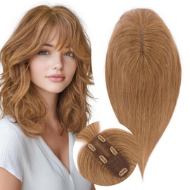 S-noilite Hair Toppers for Women Real Human Hair, 100% Real Human Hair Toppers with Bangs for Women with Thin Hair,2.25"*6" Lace Silk Base 14 inch Light Brown