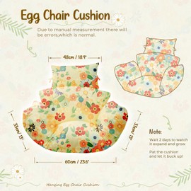 Uthem Waterproof Egg Chair Cushion Replacement 47x31.5x4.7 inch Thicken Hanging Egg Swing Chair Cushion Indoor Outdoor Wicker Rattan Hammock Basket Cushion with Headrest Pillow, Daisy