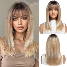 OUFEI Ombre Blonde Wigs for Women Medium Length Long Straight Wig with Fringe Synthetic Hair Heat Resistant Wigs for Everyday Party Cosplay Wear