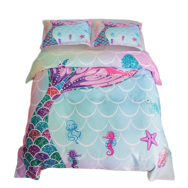 ADASMILE A & S Mermaid Bedding Set Twin Size for Kids Girls Colorful Mermaid Tail Duvet Cover Water Blue Fish Scales Bed Set with 2Pillowcases with Starfish Octopus Pattern Comforter Cover for Home