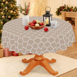 Smiry Round Plastic Table Cloth, Waterproof Vinyl Tablecloth with Flannel Backing for Round Tables, Wipeable & Spillproof for Dining, Camping, Indoor and Outdoor (60" Round, Khaki)