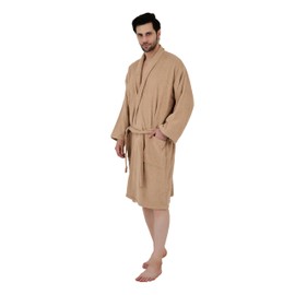 Featherdrape Men's Terry Bathrobe 100% Cotton,Double side terry towel Shawl Collar | Soft & Absorbent, Luxury Spa Robe (US, Alpha, Large, Regular, Regular, Beige)