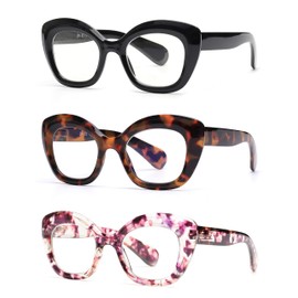 JM 3 Pack Oversized Cat Eye Reading Glasses for Women Funky Blue Light Flexible Cateye Readers +3.0