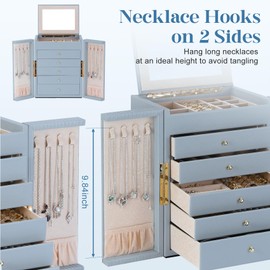 Dajasan Large Jewelry Organizer Box with Mirror, Jewelry Storage Organizer with 5 Drawers, 6-Tier Jewelry Gift Box for Women, Girls, Friends, Wife or Mother, Gift Idea (Smoky Blue)