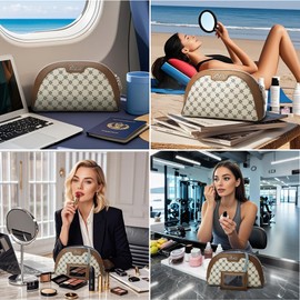 Small Makeup Bag for Purse Cosmetic Bag: Checkered Make up Bag for Women - Cute Preppy Skincare Bags for Evening - Waterproof Travel Pouch for Toiletry Organizer with Mirror & Zipper(011-Light Brown)