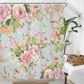 Riyidecor Pink Floral Fabric Shower Curtain for Bathroom 72Wx72H Inch Rose Floral Bloom...