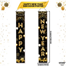 KatchOn, XtraLarge Happy New Year Door Banner - 72x12 Inch | Black and Gold Happy New Year Banner for Door | New Years Eve Banners, Happy New Year Decorations 2025 | New Years Eve Party Supplies 2025