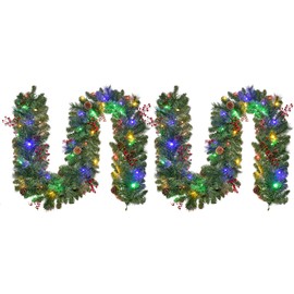 HOYECHI Set of 2 Prelit Christmas Garlands - 9FT Each with 50 LED Lights & Red Berries, Battery Powered with 8 Lighting Modes, Holiday Garland for Stairs, Fireplace, Door Frame