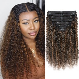 FB30 Highlight Ombre Curly Clip In Extension Human Hair 3C 4A Kinky Curly Clip Ins Full Head for Black Women Brazilian Remy Human Hair Balayage Brown 8Pcs with18clips 120g/Set (22 inch)