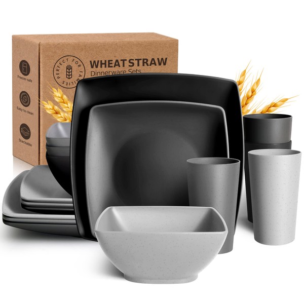 Teivio 16-piece Plastic Wheat Straw Square Dinnerware Set for 4,