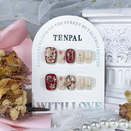 TENPAL Short Square Round Press On Nails,Chinese Style Red Gold Florals,Hand-Painted Gold Trim Flowers Nails,Pearl White Glitter Accents,Vintage Soft Gel Fake Nails for Festivals/Weddings,10pcs L
