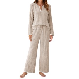 Blooming Jelly Womens 2 Piece Pajama Sets Cute Fleece Winter Fuzzy Pj Sets Flannel Long Sleeve Fall Outfits (S, Apricot)