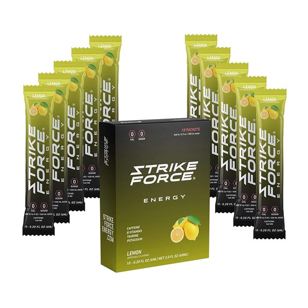 Strike Force Energy Drink Mix - Healthy Water Enhancer + Caffeine, Vitamin b12 & Potassium - Natural Tasting Flavor for Keto, Sugar Free & Vegan Diets. 10 Liquid Energy Packets - Lemon Flavoring