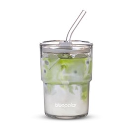 BLUEPOLAR 13oz/400ml Glass Water Tumbler with Straw and Lid Sealed Carry On Thick Wall Iced Coffee Cup Glass Cup for Water, Iced Tea Fruit Juice Etc(Aurora White
