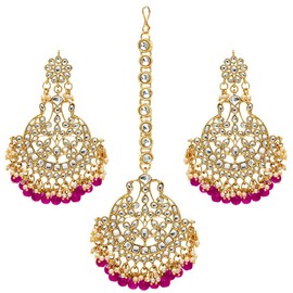 Aheli Faux Kundan Pearl Wedding Chandbali Earrings with Maang Tikka Indian Traditional Bollywood Jewelry Set Gift for Women Rani Pink