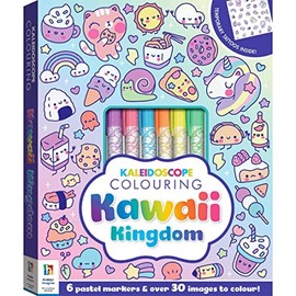 Hinkler Pty - Kaleidoscope Colouring Kit - Kawaii Kingdom - Art and Craft Activity for Ages 6-12 Years - Includes 6 Pastel Markers, 1 Sheet of Temporary Tattoos and Over 30 Colouring Pages