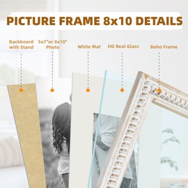 MACVAD White 8x10 Picture Frame with Mat for Displays 8x10 and 5x7 Photos, Farmhouse Picture Frames with Wooden Beaded Design, White 8 by 10 Picture Frame for Tabletop Home Decor