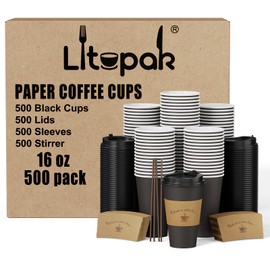 LITOPAK 500 Pack 16 oz Disposable Coffee Cup with Lids, Sleeves, and Stirring Sticks, Black Hot Paper Coffee Cups for Home, Travel, Office, Party