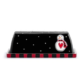 DEMDACO Heartful Home Holiday Polka Dot, Striped 2.5 x 3 Inch Stoneware Functional Festive Kitchen Countertop Or Table Décor, Christmas Butter Serving Dish, 2 Piece Set, Snowman