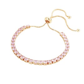 Rhinestone Tennis Chain Bracelets Gold Silver Plated Colorful Sparkly Crystal Cubic Zirconia Seed Geometric Adjustable Bracelets for Women Wedding Bridal Birthday Prom Party Trendy Jewelry Gifts (Pink)