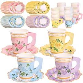 Kochorie 120 Pcs Floral Paper Teacups with Handle and Saucer Set Serve for 60 Guests 9 Oz Tea Party Decorations 4 Styles Flower Birthday Party Supplies Garden Baby Shower Bulk