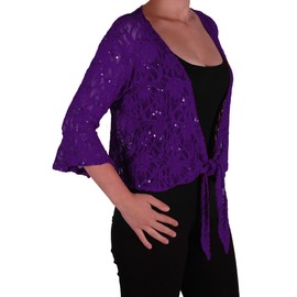 Eyecatch Oversize 12-26 - Darcey Ladies Sequin Cardi Tie Shrug Lace Bolero Top Womens Plus Size Purple 24-26