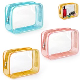 WUERKIYA Clear Toiletry Bags, Voyage Essential - Versatile Transparent Cosmetic Bags, Set of Three - Perfectly Sized for Travel, TSA-Approved & Fashionably Durable(Blue,Yellow,Pink)