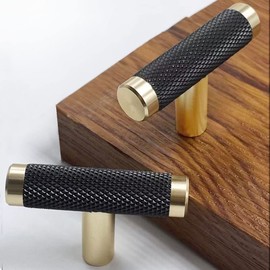 Gutuwellea 10 Pack 2 Inch Cabinet T Knob Aluminum Knob for Drawer Pulls Gold and Black Oxidation Finish with Diamond Pattern