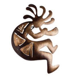 NOVICA Painted Brown Kokopelli Flute Player Iron Cutout Wall Mural, 'Kokopelli Peace'
