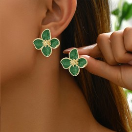 Blue Flower Earrings Unique Spring Earrings for Women Big Petal Statement Flower Jewelry Gift (Green)