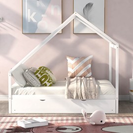 Merax Full Wooden Montessori Bed with Twin Trundle Bed, House Daybed for Boys,Girls, No Box Spring Need White