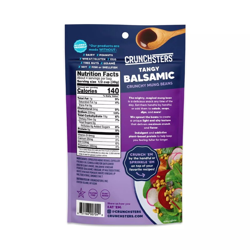 Crunchsters Crunchy Mung Beans Snack, Tangy Balsamic, 4oz. Bags, 6-Pack