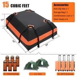 GarveeTech Car Rooftop Cargo Carrier Bag 15 Cubic Feet, Waterproof Roof Rack Cargo Bag for All Cars with/without Rack, Waterproof Zip, 8 Reinforced Straps, 4 Door Hooks, Luggage Lock, Storage Bag