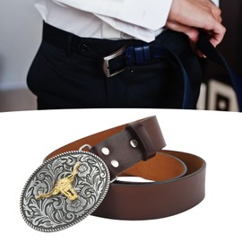 Cinturones de Cuero Vaquero para Hombre, Cinturones Vintage Retro Ajustables con Hebilla de de Cuerno Largo (115cm)