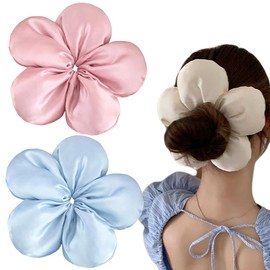 Large Flower Satin Hair Scrunchies for Women, Floral Shape Silk Hair Ties for Girls, Fashion Korea Oversized Flower Hair Accessories for Thick Curly Hair (Pink and Blue)