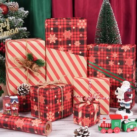 Reversible Christmas Wrapping Paper - 17 Inch x 33 Feet, Classic Red and Black Plaid with Snowflake Kraft Christmas Wrapping Paper Roll, Holiday Gift Wrap - Christmas Wrapping Paper for Kids Men Women