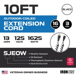 Iron Forge Cable SJEOW Black Outdoor Coiled Extension Cord 10 ft,13 Amp Oil Resistant & Flame Retardant 3 Prong Coiled Electrical Power Cable 10ft for Indoor & Outdoor, Great for Outdoor Lights Decor