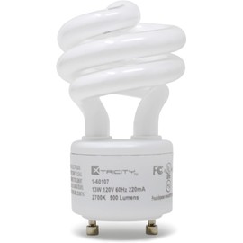 Xtricity Compact Fluorescent GU24 2 Prong Light Bulb Base, T2 Mini Spiral, 13W (60 Watt Equivalent), 2700k Soft White, 900 Lumens, CFL, 120V, UL Listed (1 Pack)