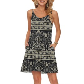 MISFAY Women's Summer Spaghetti Strap Casual Swing Tank Beach Cover Up Dress with Pockets(Boho Floral Black,M)