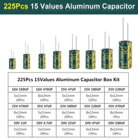 KSOPUERT 15 Value 225 Pieces 1uF-470uF Aluminium Capacitor Box Kit DIP 16V-50V High Frequency Aluminium Electrolytic Capacitors for DIY Projects (Green)